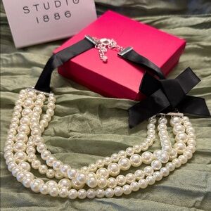 Studio Pearl Necklace with Black Ribbon
